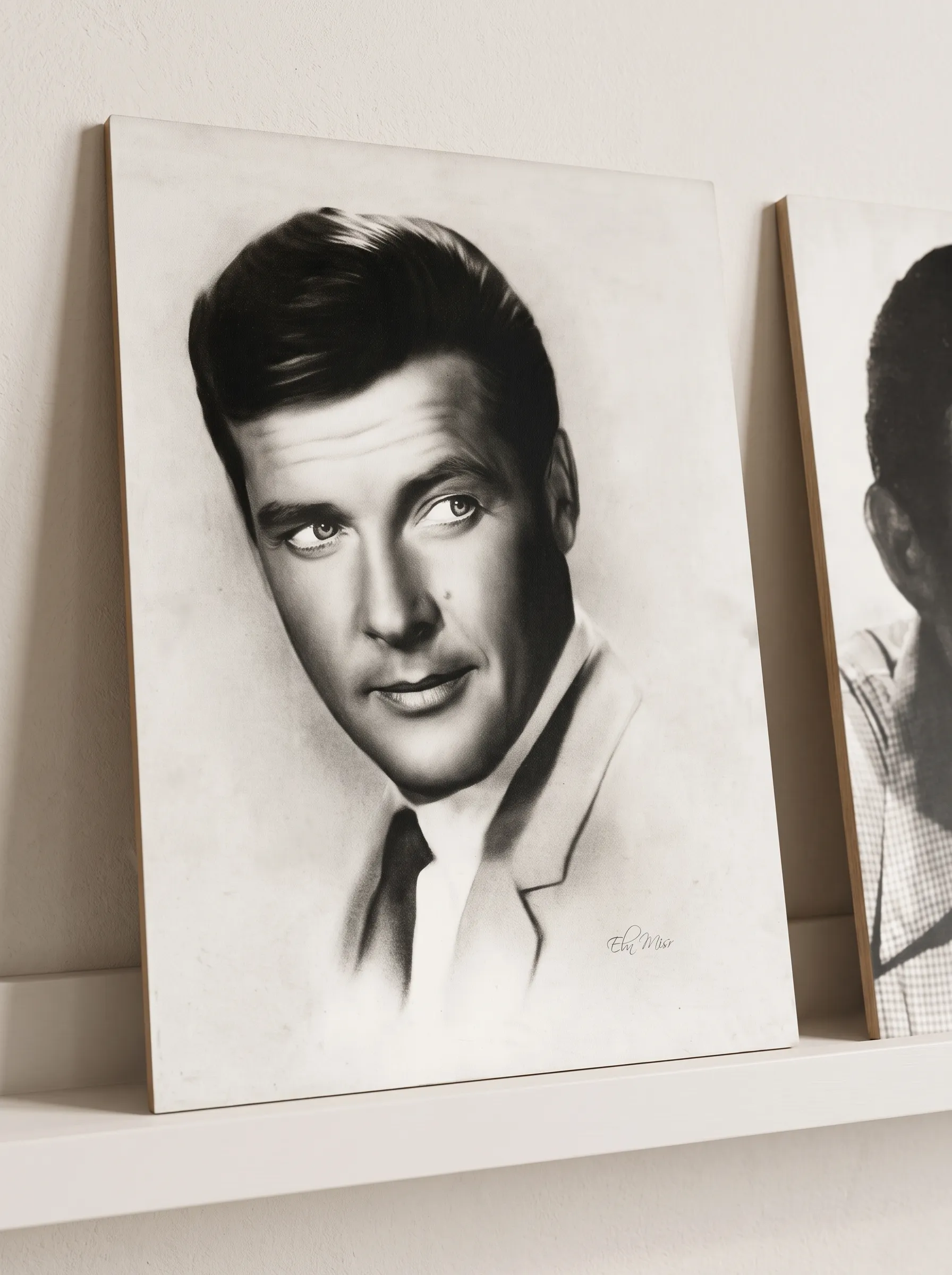 Exemple de portrait en noir et blanc imprimé sur une planche de bois